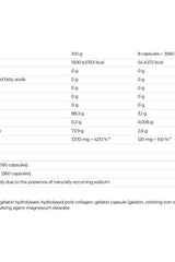 Nutritional information for Nutrend Flexit Gelacoll, including ingredient details and energy values per serving.