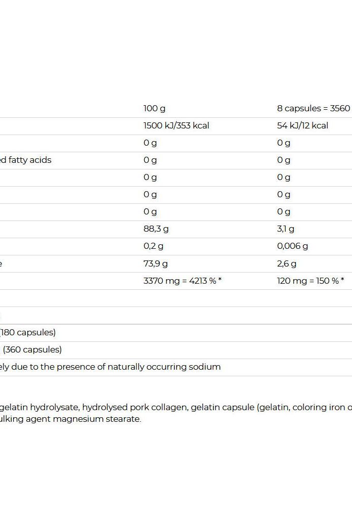 Nutritional information table for Nutrend Flexit Gelacoll showing ingredients and values per serving.