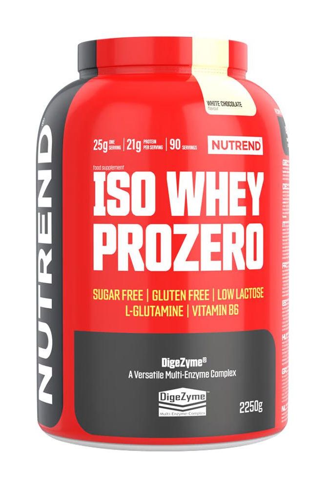 Nutrend Iso Whey Prozero protein powder, sugar-free, gluten-free, low lactose, with BCAAs and digestive enzymes.