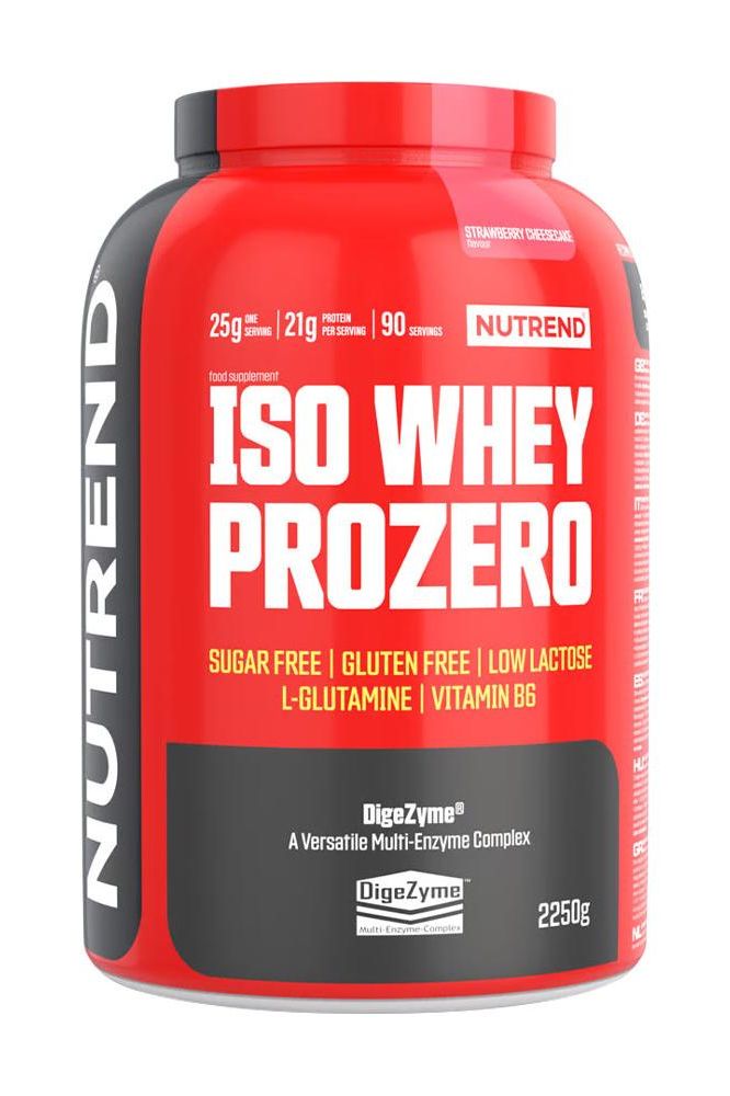Nutrend Iso Whey Prozero protein powder tub, sugar-free, gluten-free, low lactose, 2250g, supports muscle recovery.