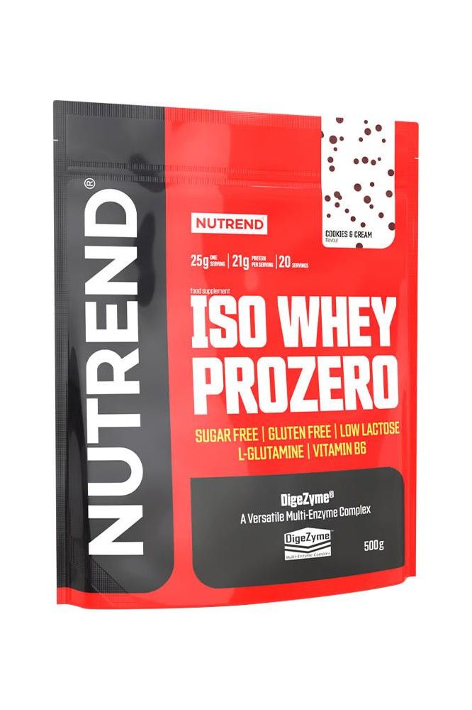 Nutrend Iso Whey Prozero protein powder package, sugar free, gluten free, low lactose, 500g.