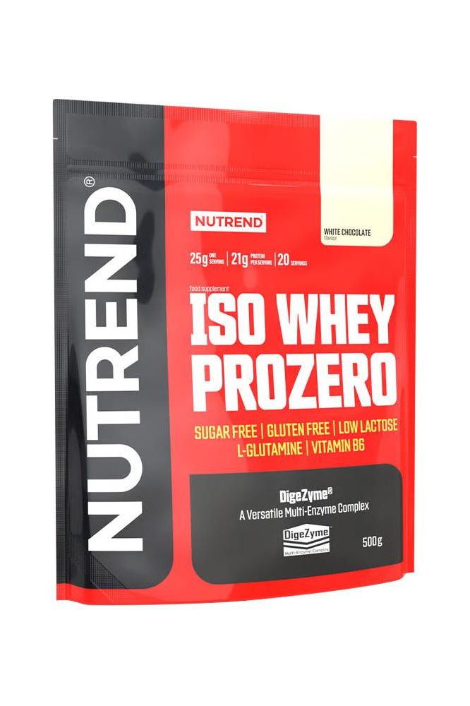 Nutrend Iso Whey Prozero protein powder package featuring benefits like low lactose and sugar-free.