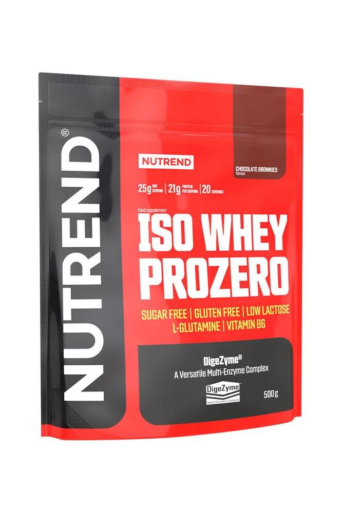 Nutrend Iso Whey Prozero protein powder pack featuring chocolate brownie flavor, sugar-free, gluten-free, low lactose.