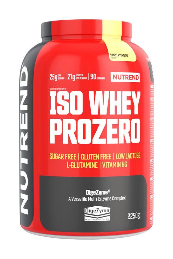 Nutrend Iso Whey Prozero protein powder jar, low lactose, sugar and gluten-free, rich in BCAAs and enzymes.