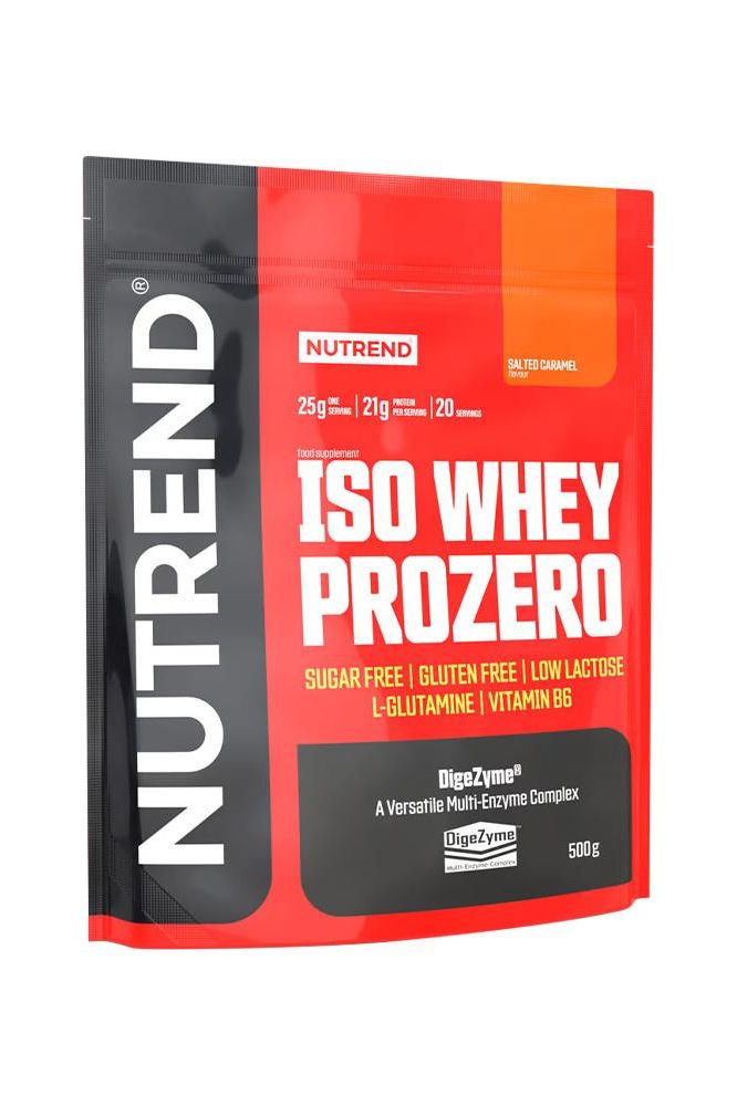 Nutrend Iso Whey Prozero protein powder packaging, sugar-free, low lactose, 500g, enriched with BCAA and enzymes.