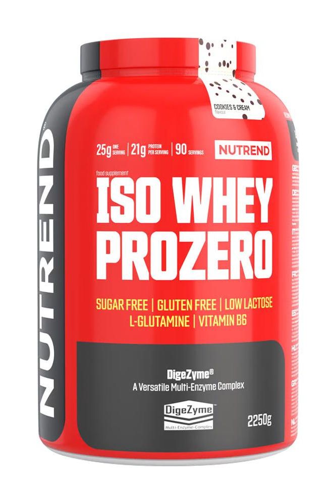 Nutrend Iso Whey Prozero protein powder container with sugar-free and gluten-free labels, 2250g.