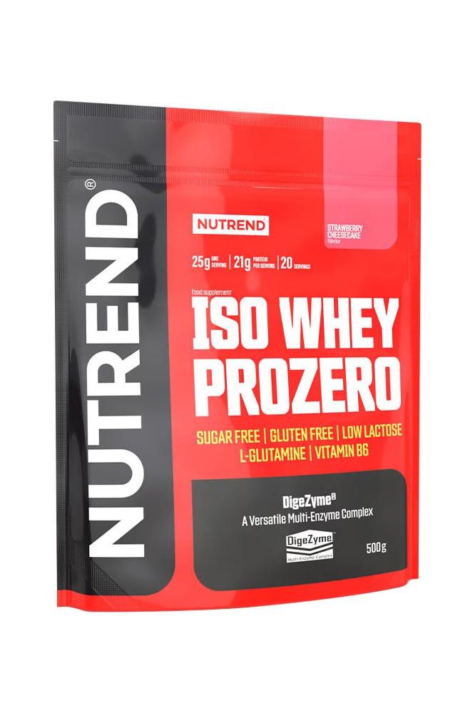 Nutrend Iso Whey Prozero protein powder pack, gluten free, low lactose, sugar free, enriched with BCAA and digestive enzymes.