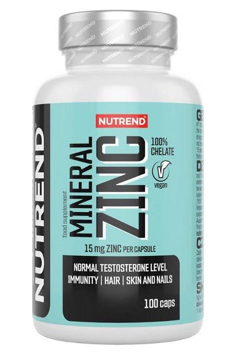 Nutrend Mineral Zinc 100% Chelate 15mg dietary supplement for immunity, hair, skin and nails, contains 100 capsules.