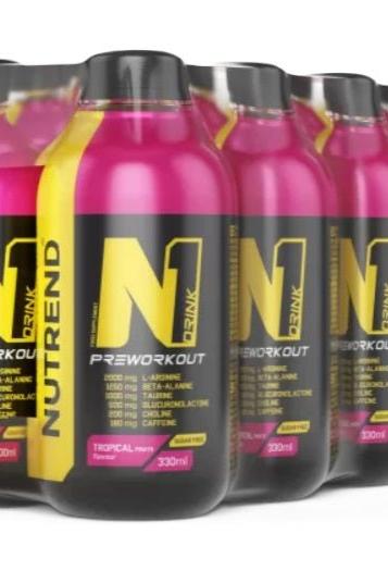 Nutrend N1 Drink 330ml bottles in tropical flavor, energy boosting beverage with guarana and beta-alanine.