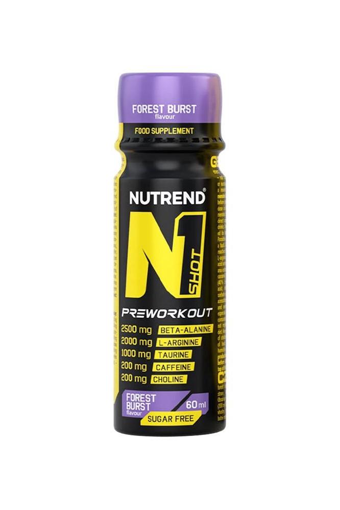 Nutrend N1 Shot Preworkout in Forest Burst flavor, a sugar-free energy booster for enhanced workout performance.