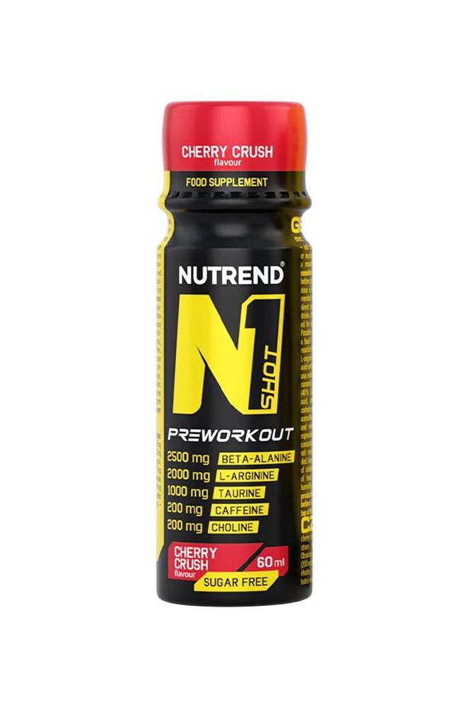 Nutrend N1 Shot Preworkout cherry crush flavor energy booster, 60ml food supplement for enhanced performance.