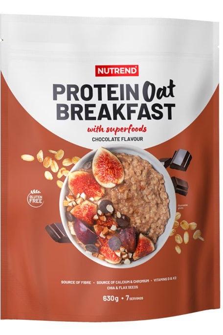 Nutrend Protein Oat Breakfast, chocolate flavor, gluten-free, enriched with vitamins and calcium, healthy breakfast option.