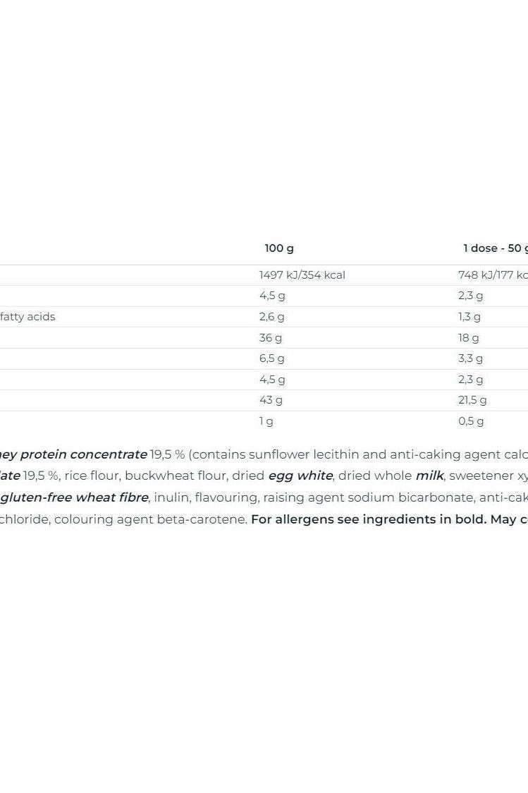 Nutritional information for Nutrend Protein Pancake showing ingredients and values per 100g and per serving.