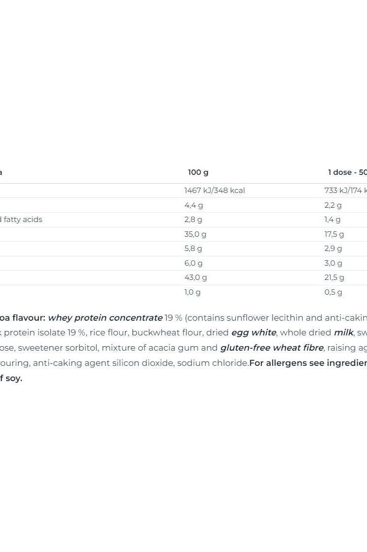Nutritional information for Nutrend Protein Pancake, highlighting ingredients and macronutrient breakdown.