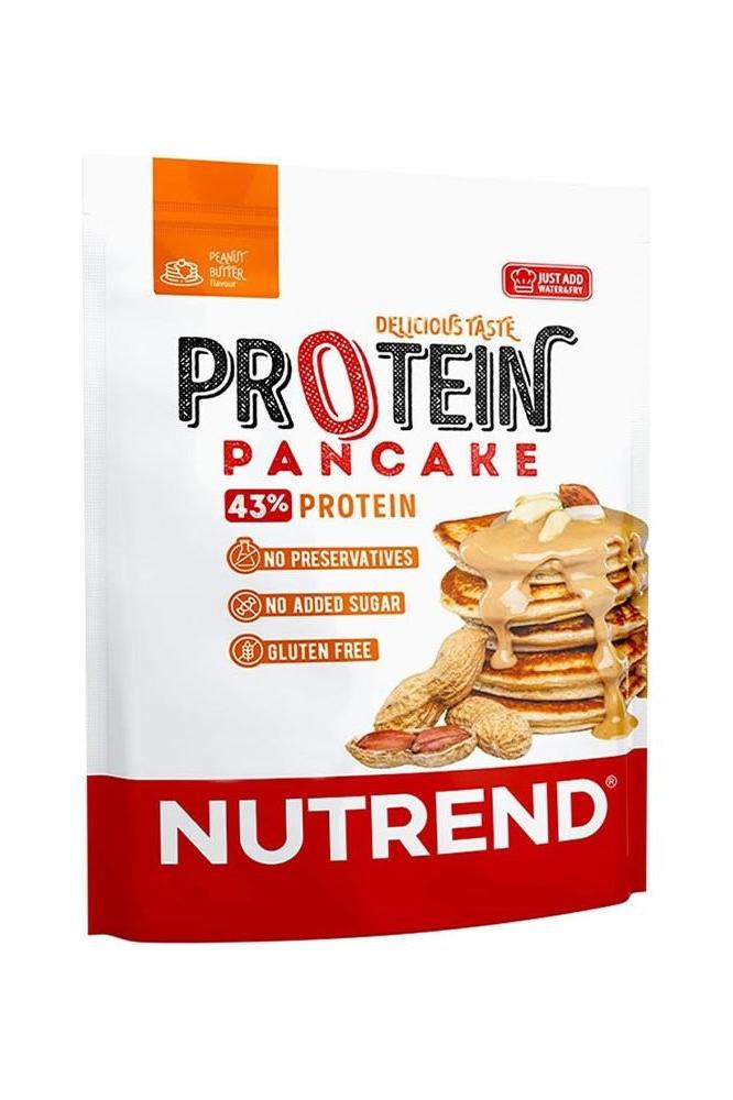 Nutrend Protein Pancake packaging featuring gluten-free, no added sugar, and high protein content for easy preparation.