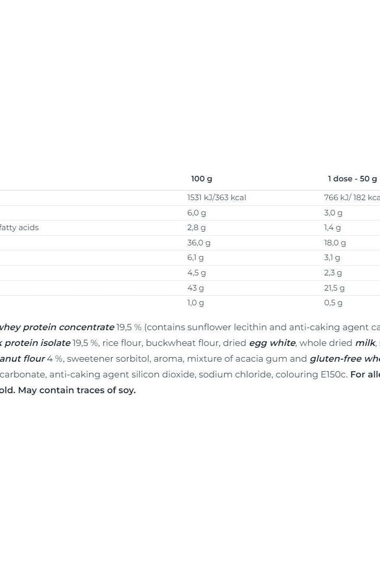 Nutritional information for Nutrend Protein Pancake, showing calories and ingredients per 100g and per serving.