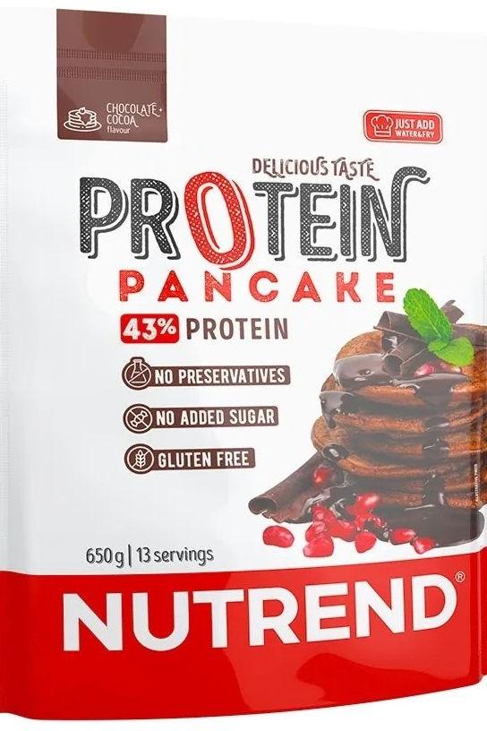 Nutrend Protein Pancake packaging showcasing chocolate flavor, 43% protein, gluten-free, and no added sugar.