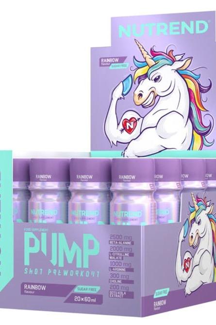 Nutrend Pump Pre-Workout Shot - Rainbow, 20 x 60 ml, supports muscle pump and energy metabolism, sugar-free.