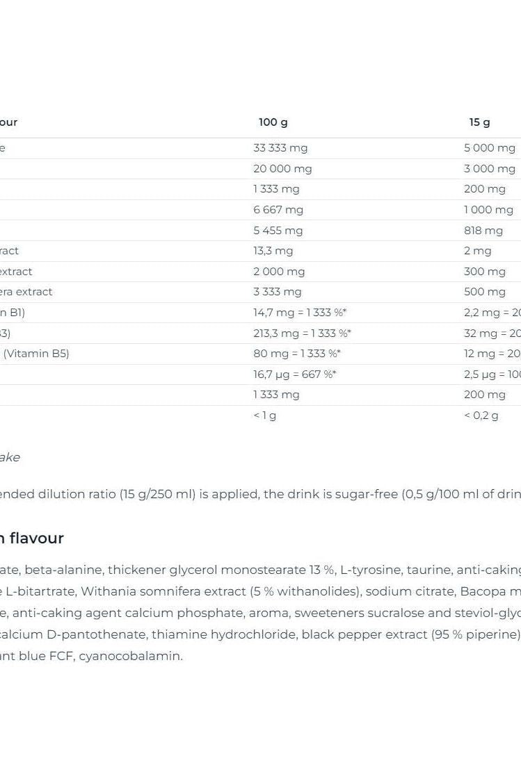 Nutrend Pump Preworkout nutritional information table, showing ingredients and their amounts per 100g and 15g servings.