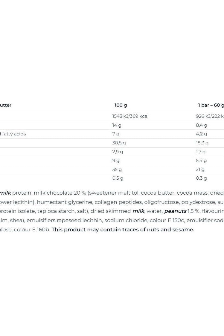 Nutritional information for Nutrend Qwizz Protein Bar, including calories, fat, protein, and ingredients.