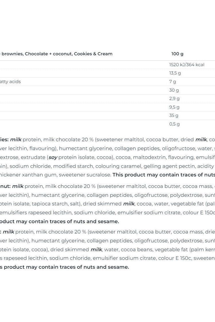 Nutritional information for Nutrend Qwizz Protein Bar in flavors Chocolate + Coconut, Cookies & Cream.
