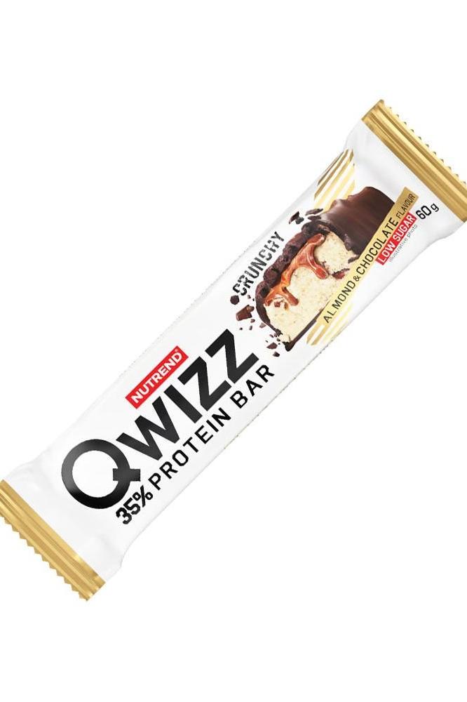 Nutrend Qwizz Protein Bar with 35% protein, low sugar, gluten-free, and high fiber, ideal for a healthy snack.