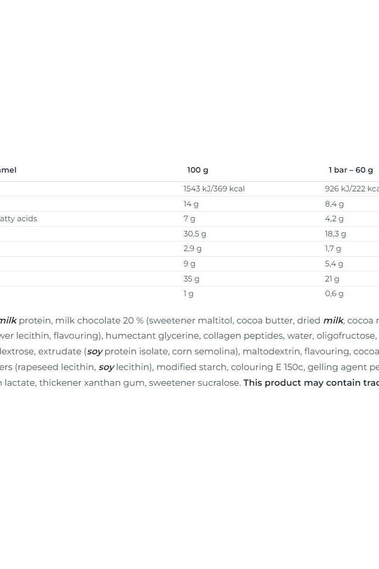 Nutritional information for Nutrend Qwizz Protein Bar, including calories and ingredients per serving.