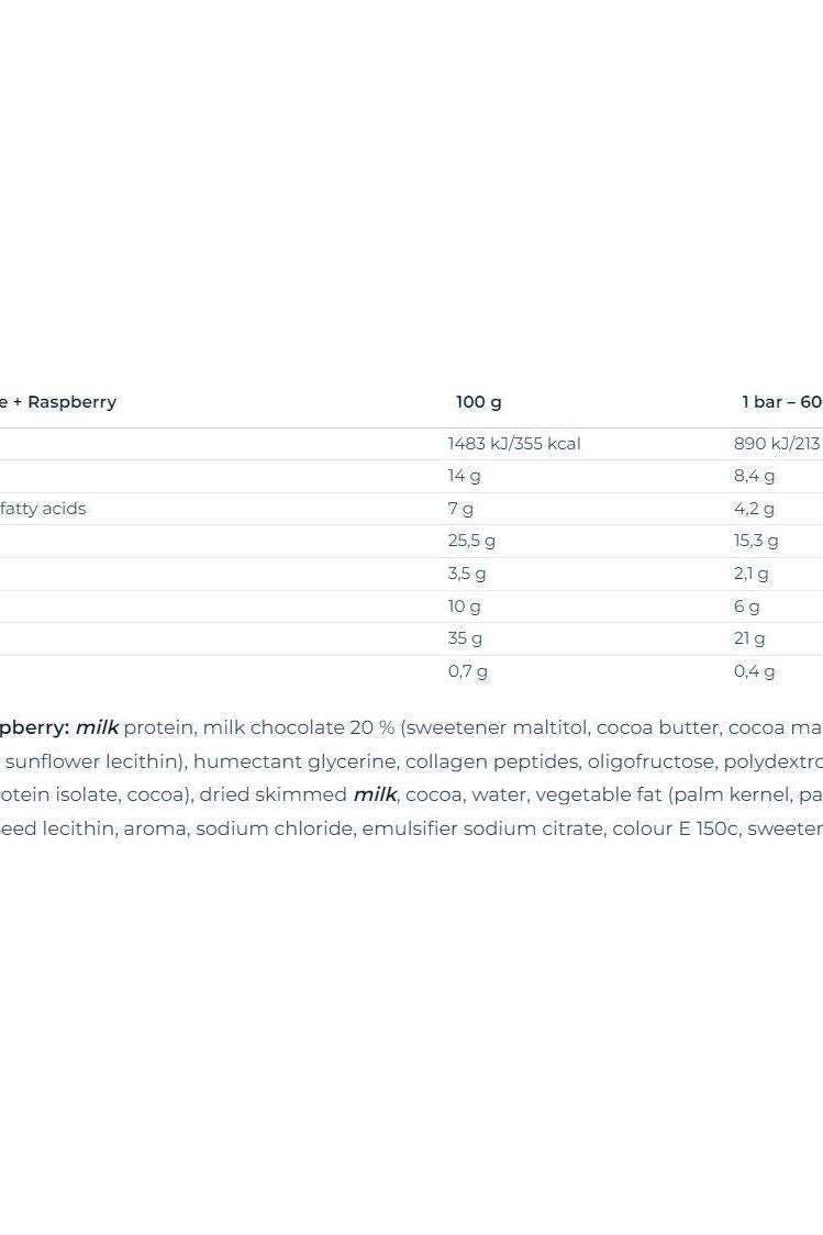 Nutritional information for Nutrend Qwizz Protein Bar with Raspberry flavor, detailing calories and ingredients.