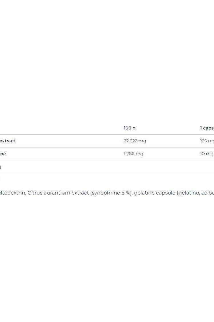 Nutrition facts for Nutrend Synephrine including ingredient details and per capsule dosage.