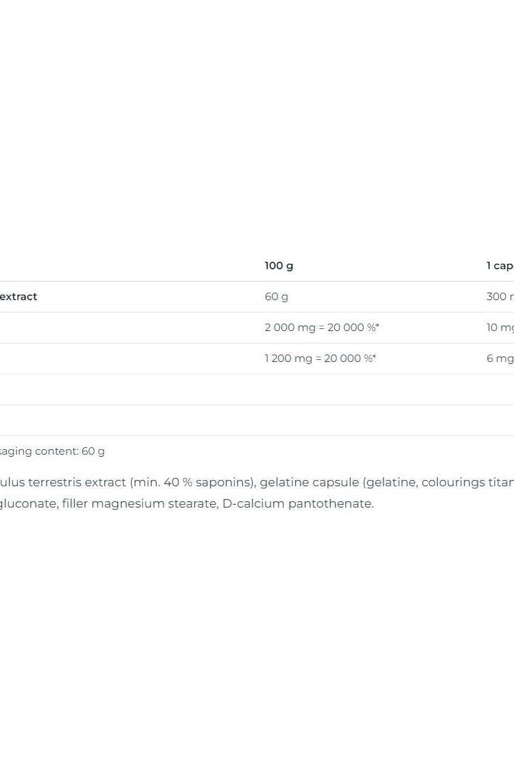 Nutritional label for Nutrend Tribulus Terrestris Turbo capsules, detailed ingredients and supplement facts.