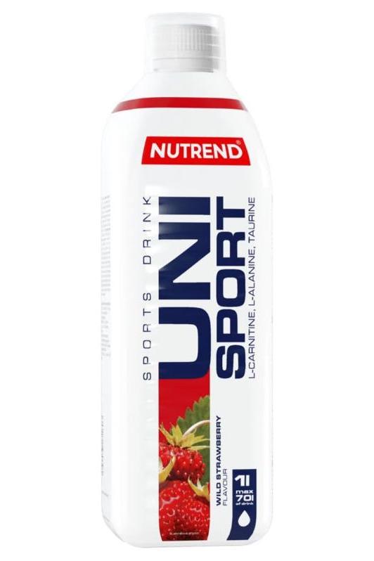 Nutrend Unisport sports drink in a bottle, featuring strawberry flavor, for effective hydration.