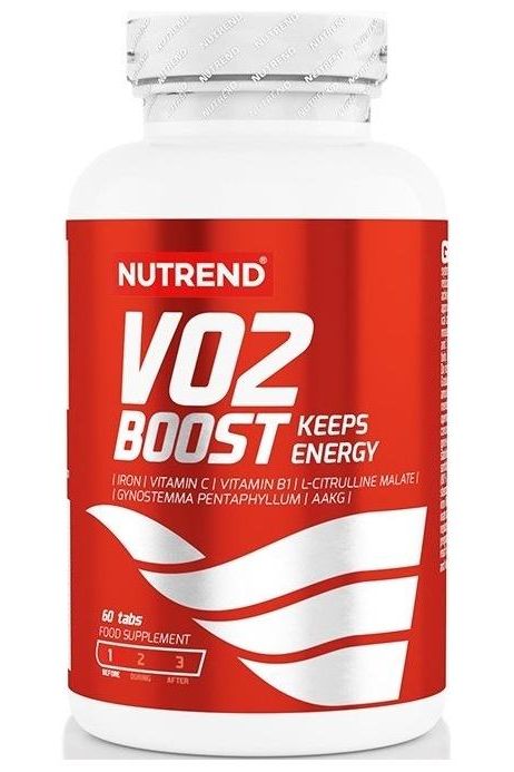 NUTREND VO2 Boost dietary supplement bottle with 60 tablets for increased energy and athletic performance.