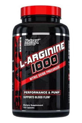 NUTREX L-Arginine 1000 dietary supplement bottle with 120 capsules for enhanced blood flow and workout performance.