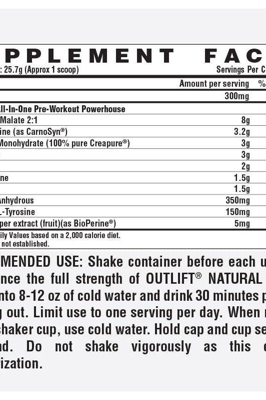 Supplement facts for Nutrex Outlift Natural pre-workout, highlighting key ingredients and usage instructions.