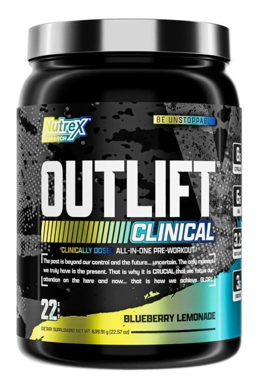 Nutrex Outlift Clinical natural pre-workout powder in Blueberry Lemonade flavor for maximum performance.