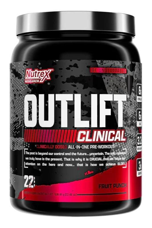Nutrex Outlift Clinical pre-workout supplement in Fruit Punch flavor, promoting strength and performance.