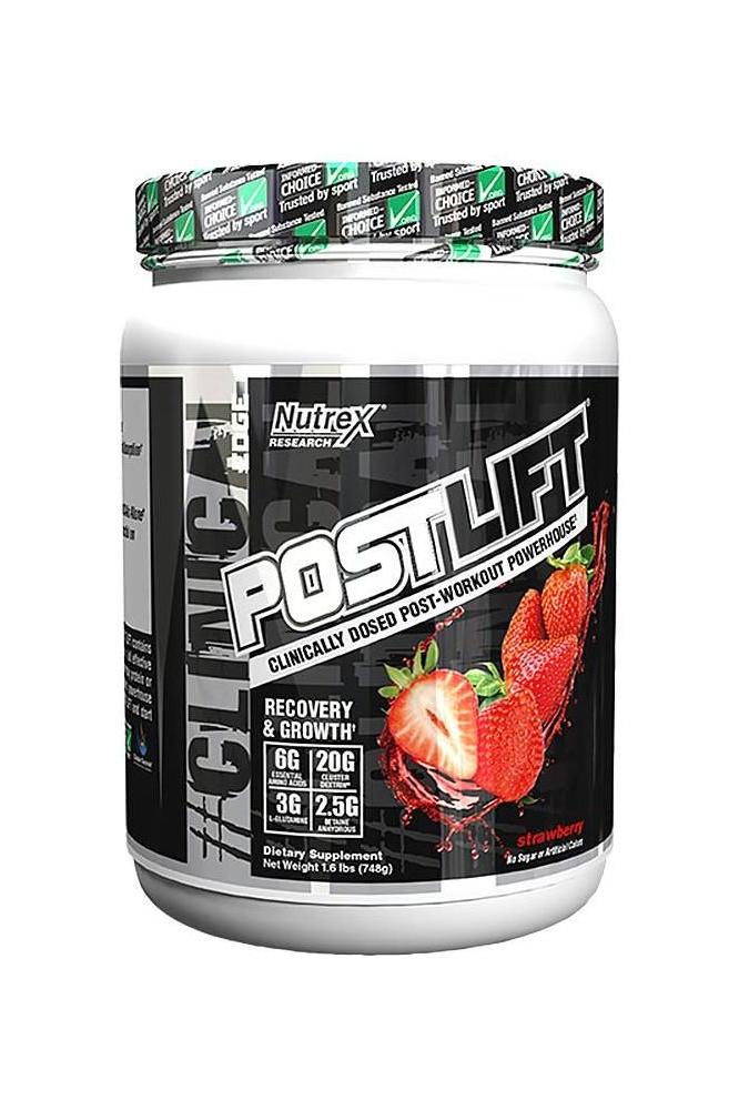 Nutrex PostLift post-workout powder for muscle recovery, featuring essential amino acids for growth, with strawberry flavor.