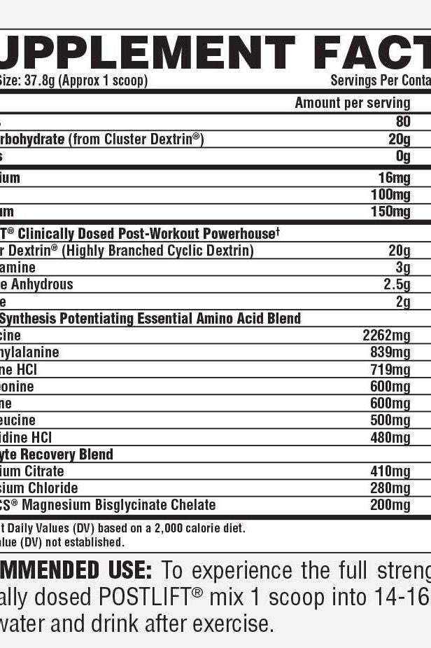 Nutrex PostLift supplement facts label detailing ingredients and nutritional information.