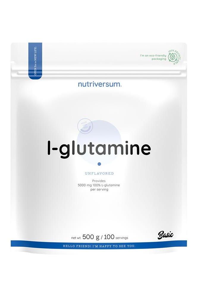 Nutriversum 100% L-Glutamine unflavored 500g package with serving information.
