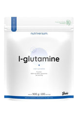 Nutriversum 100% L-Glutamine unflavored 500g package with serving information.