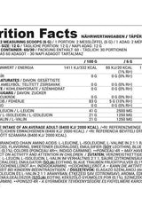 Nutriversum BCAA FLOW nutrition facts label showing ingredients and amino acid breakdown.