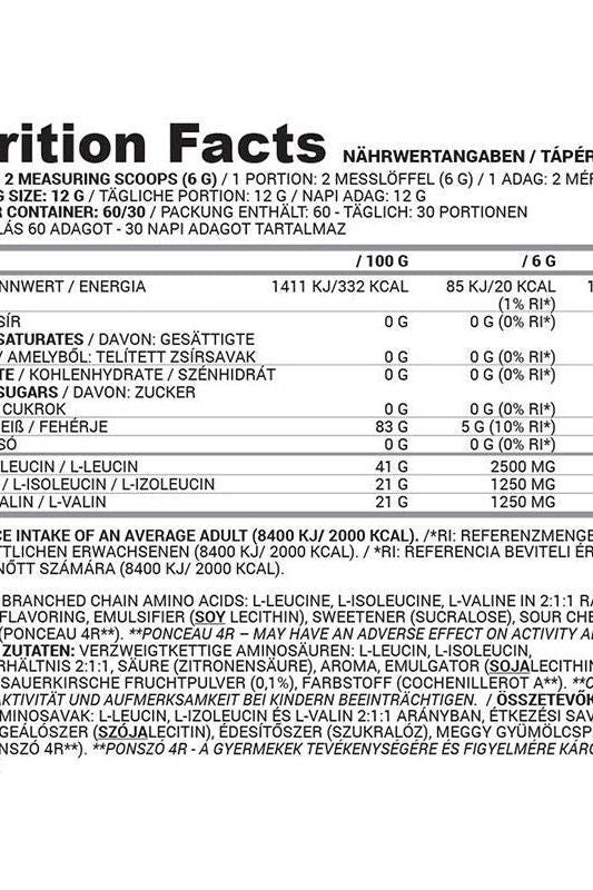 Nutrition facts for Nutriversum 2:1:1 BCAA FLOW, detailing calories and amino acid content.