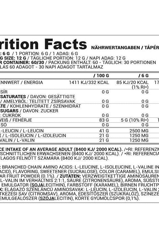 Nutriversum 2:1:1 BCAA FLOW nutritional facts label showing calories, ingredients, and serving details.