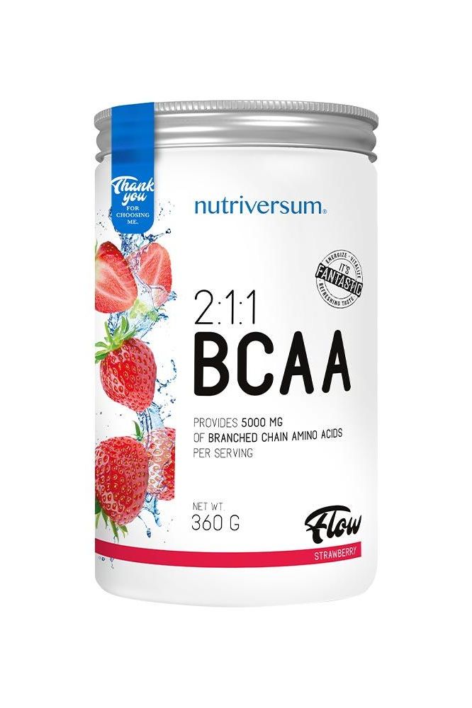 Nutriversum 2:1:1 BCAA FLOW Strawberry flavor, 360g, provides essential amino acids, vegan-friendly, sugar-free.