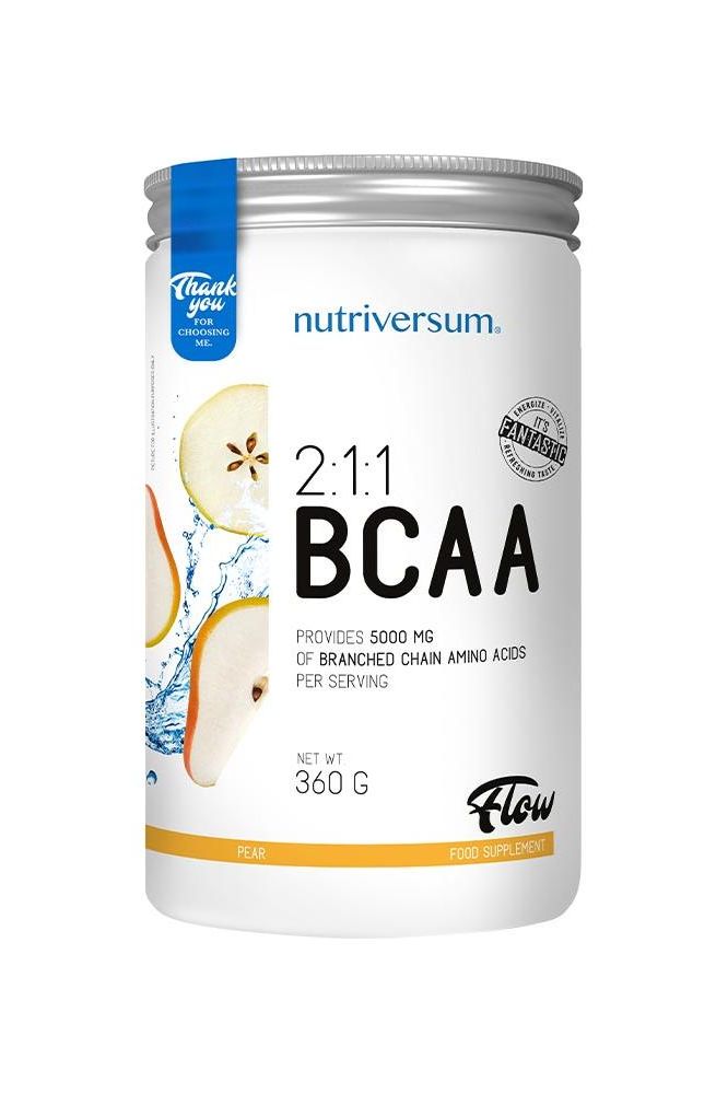 Nutriversum 2:1:1 BCAA Flow supplement in pear flavor, 360g container with natural ingredients for amino acids.