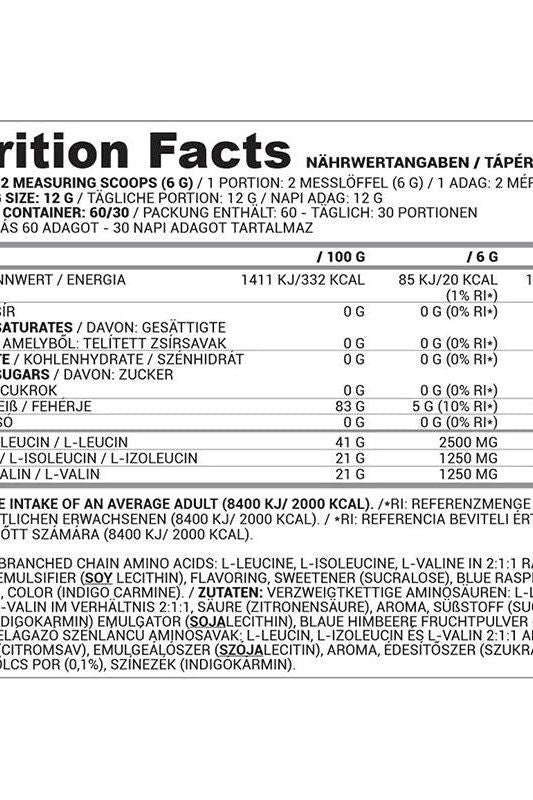 Nutrition facts label for Nutriversum 2:1:1 BCAA FLOW protein supplement with detailed nutritional information.