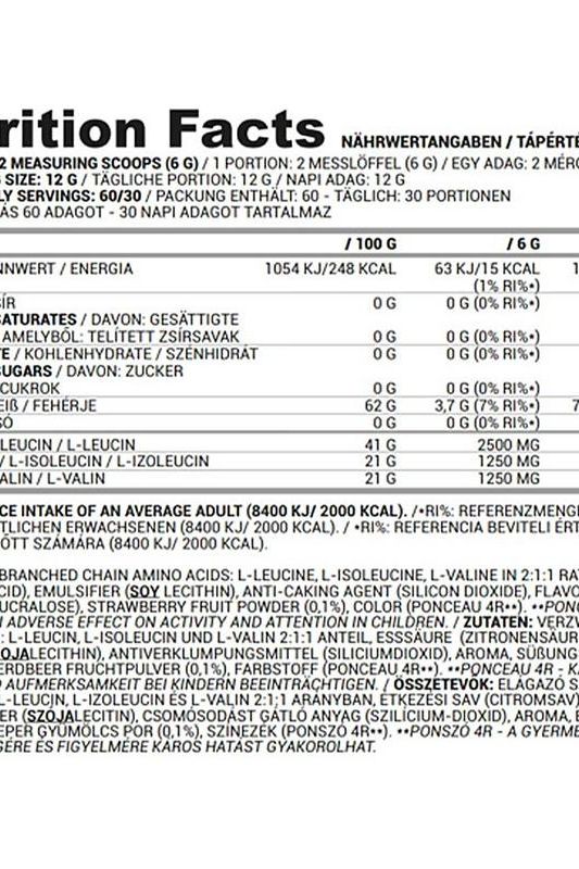 Nutriversum 2:1:1 BCAA FLOW nutrition facts panel showing amino acids and serving information.