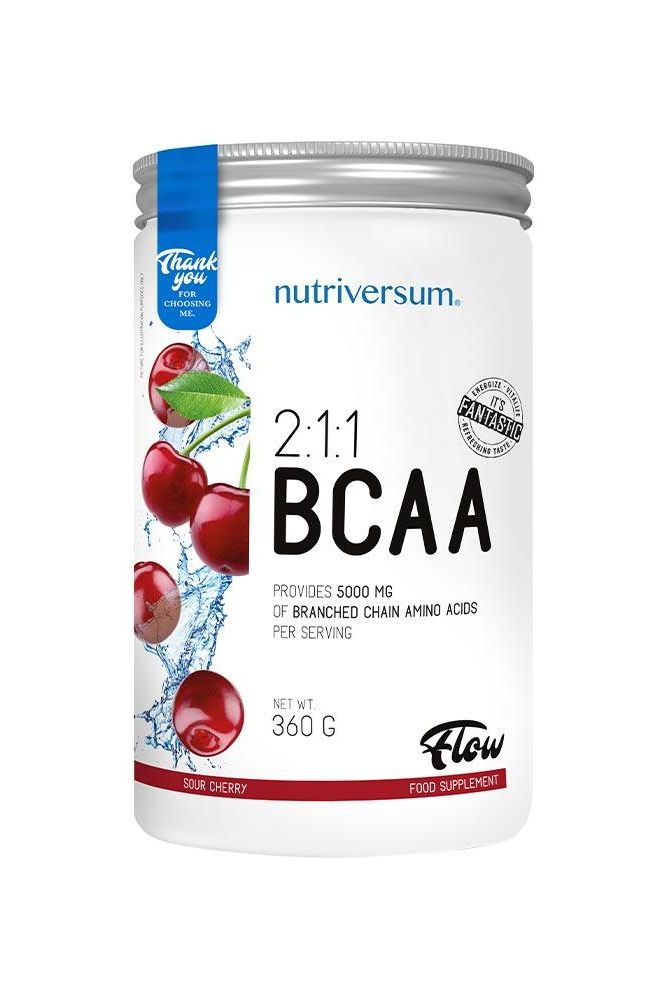 Nutriversum 2:1:1 BCAA Flow Sour Cherry supplement, 360g container, rich in branched-chain amino acids.