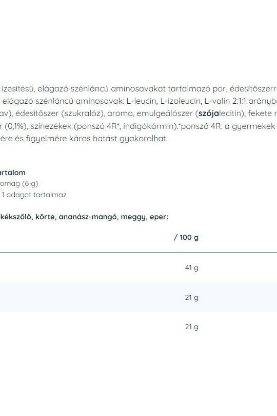 Ingredients and nutritional information for Nutriversum BCAA powder, highlighting amino acids and flavors.