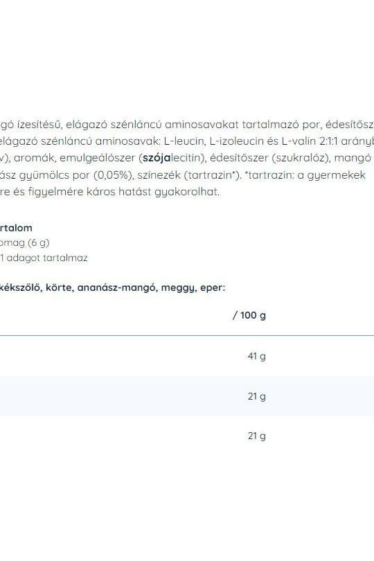 Nutriversum 2:1:1 BCAA nutritional information table, showing amino acids and ingredients.